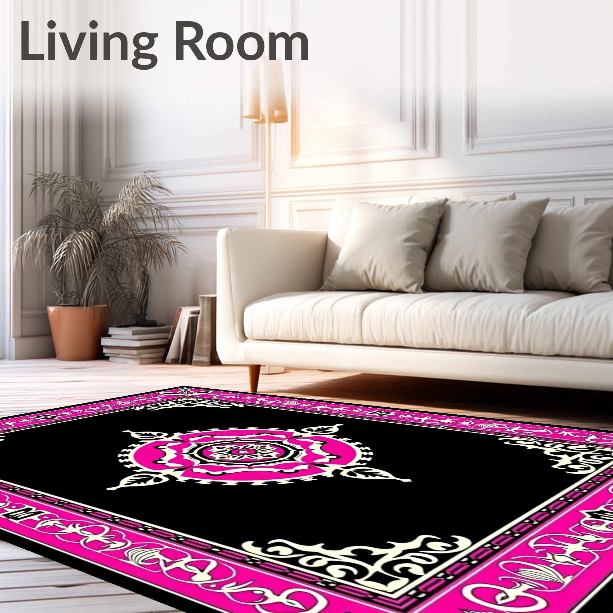 Vibrant Pink Black Floral Medallion Border Rug