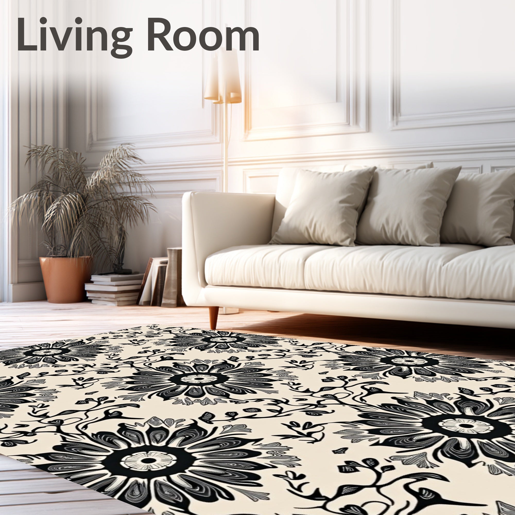 Black Ivory Floral Vine Arabesque Rug