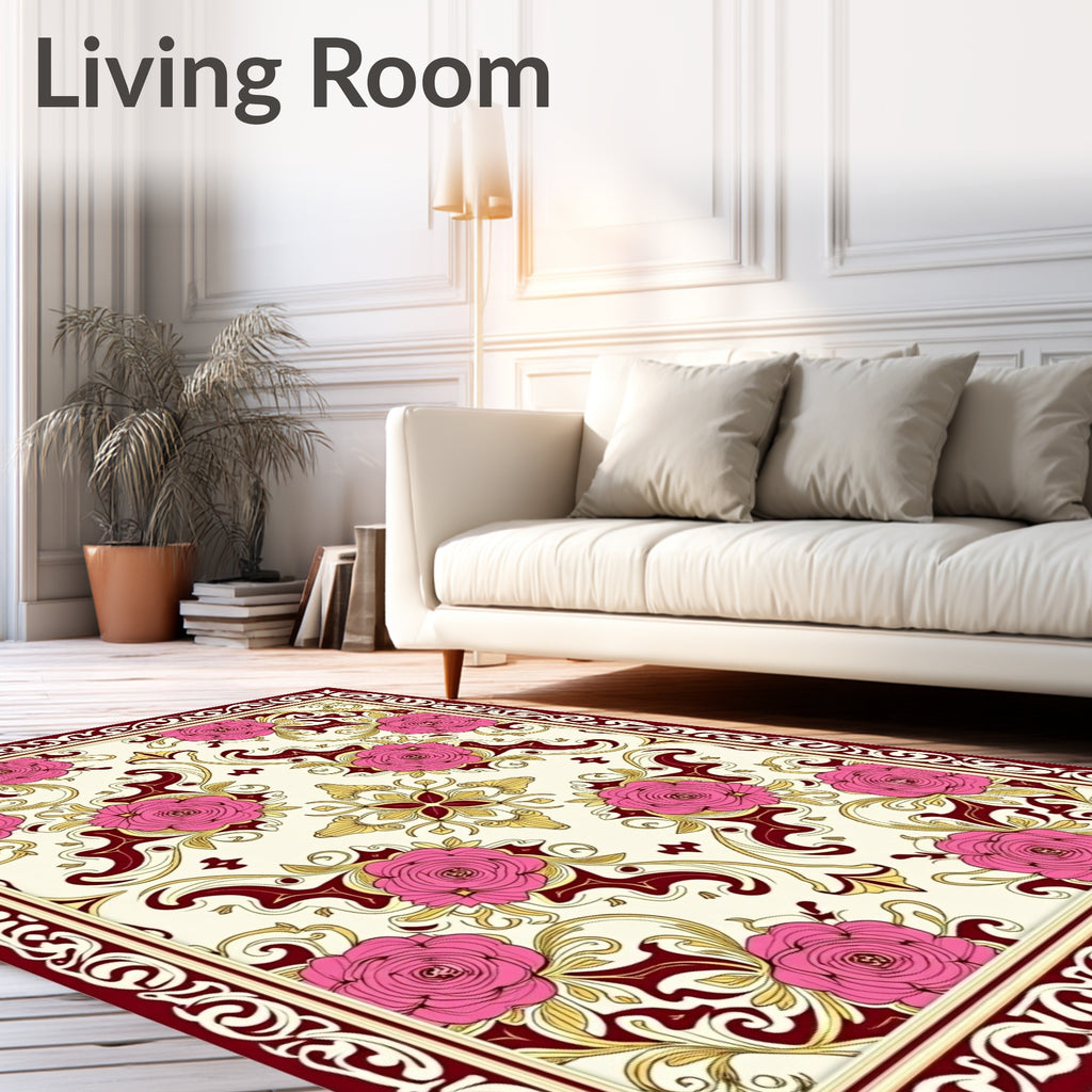 Crimson Rose Floral Scroll Medallion Rug