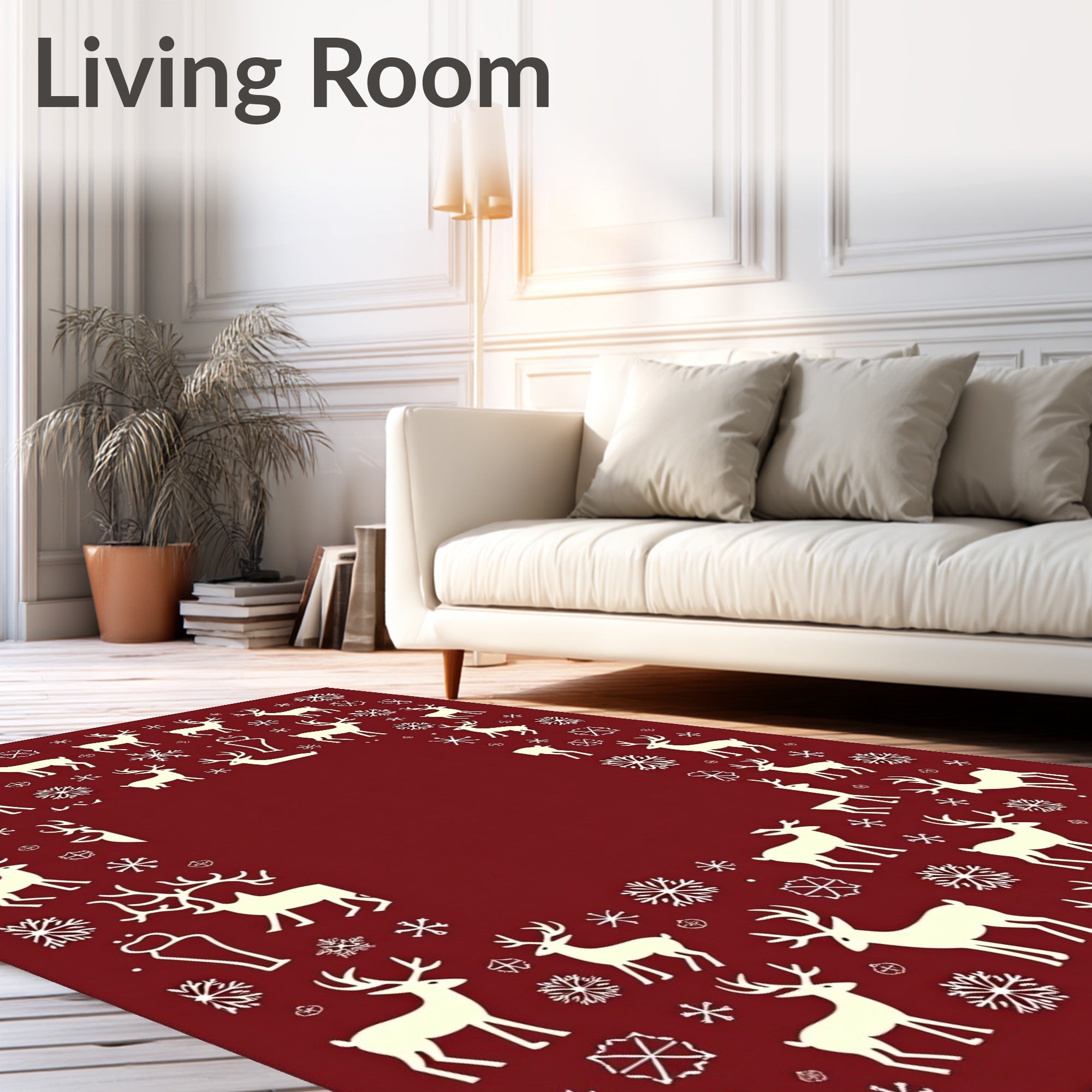 Crimson Reindeer Snowflake Border Rug
