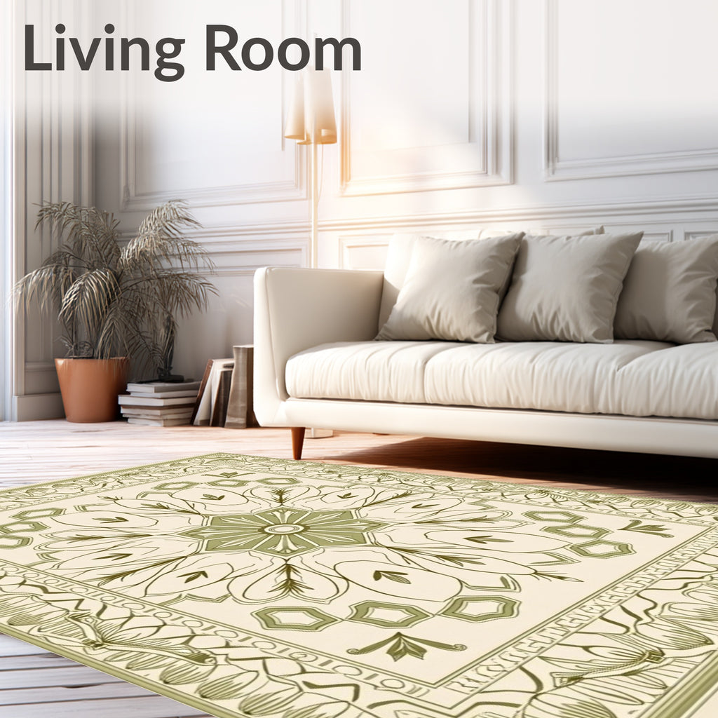 Sage Green Floral Medallion Border Rug