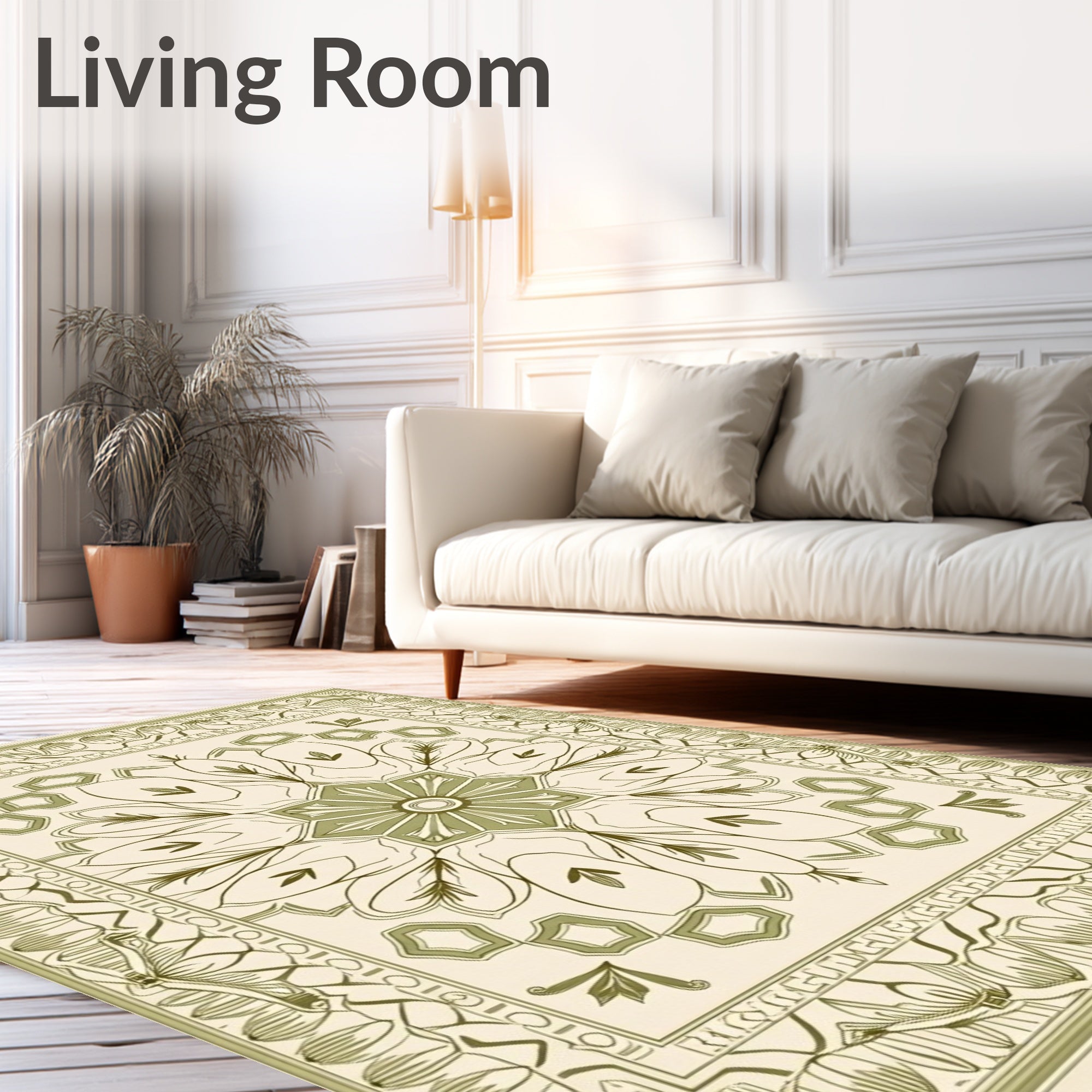 Sage Green Floral Medallion Border Rug
