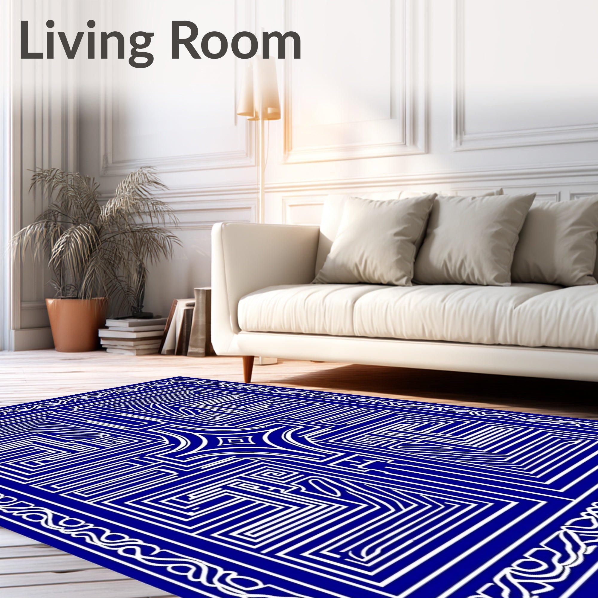 Intricate Blue White Geometric Maze Rug