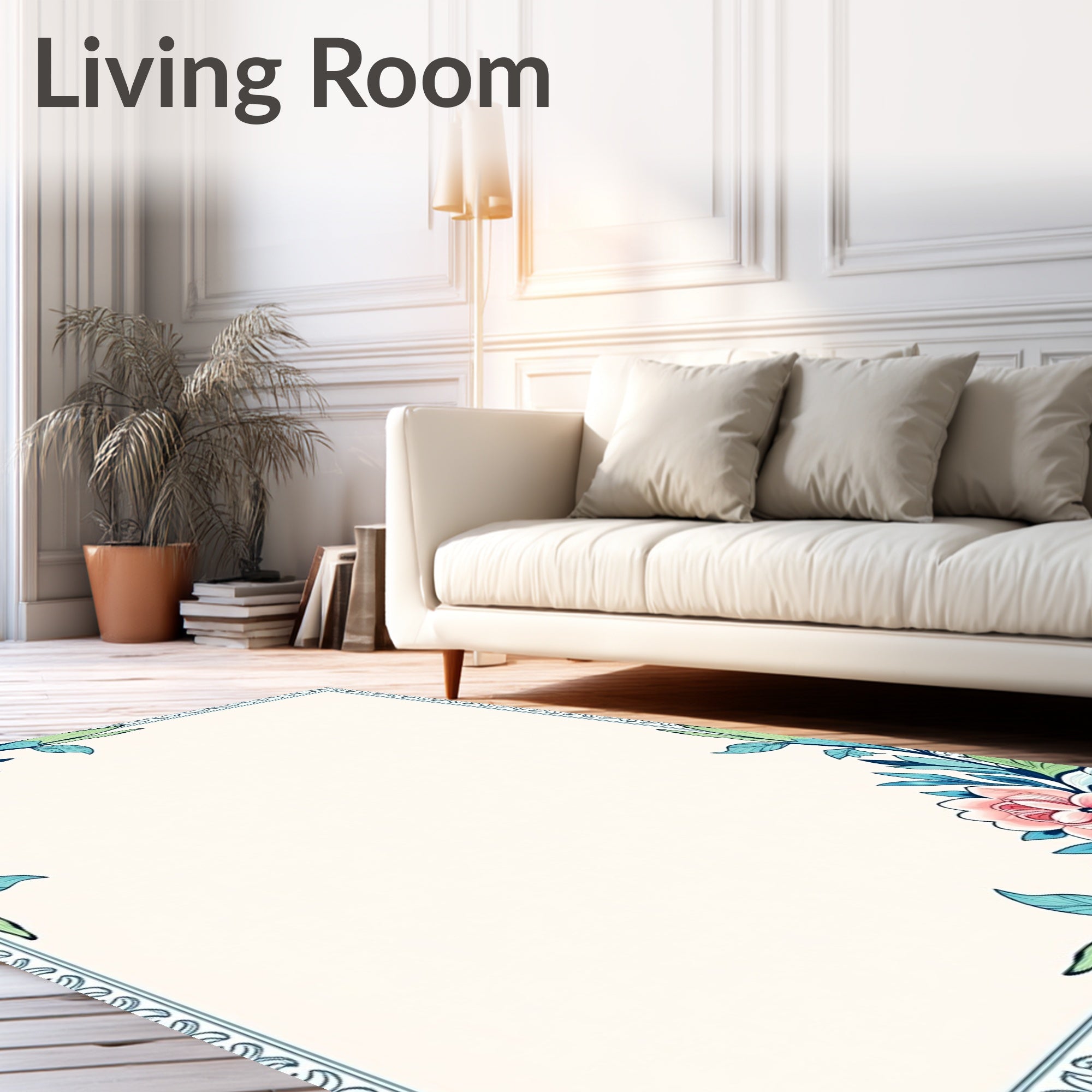 Charming Pink Floral Leafy Border Rug