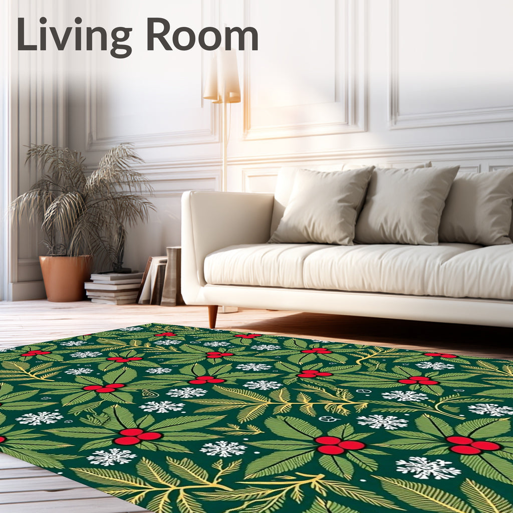 Festive Green Holly Berry Snowflakes Rug