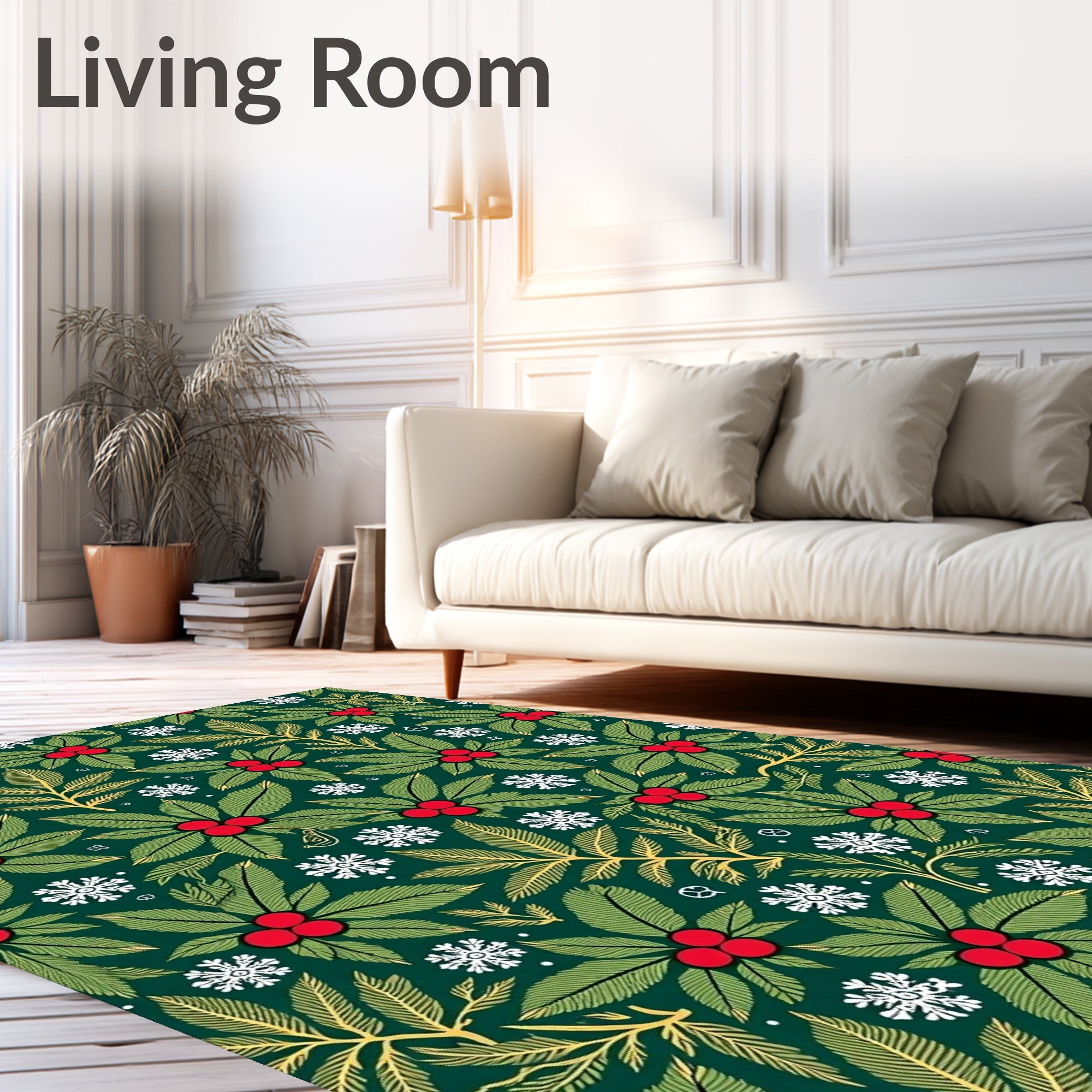 Festive Green Holly Berry Snowflakes Rug