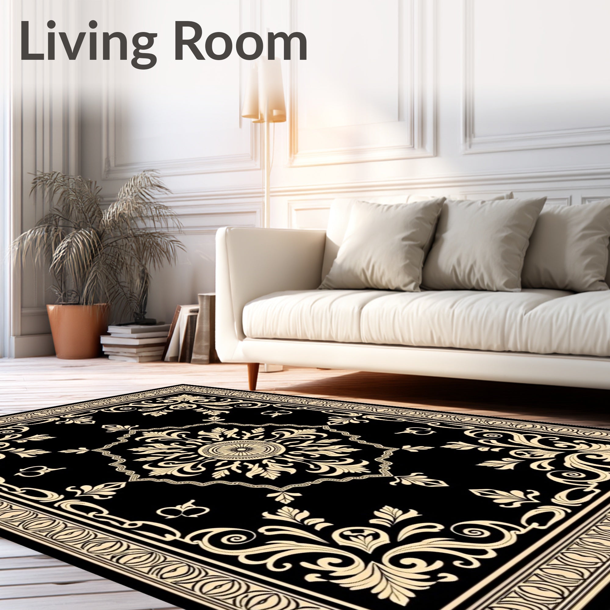 Black Cream Damask Scroll Medallion Rug