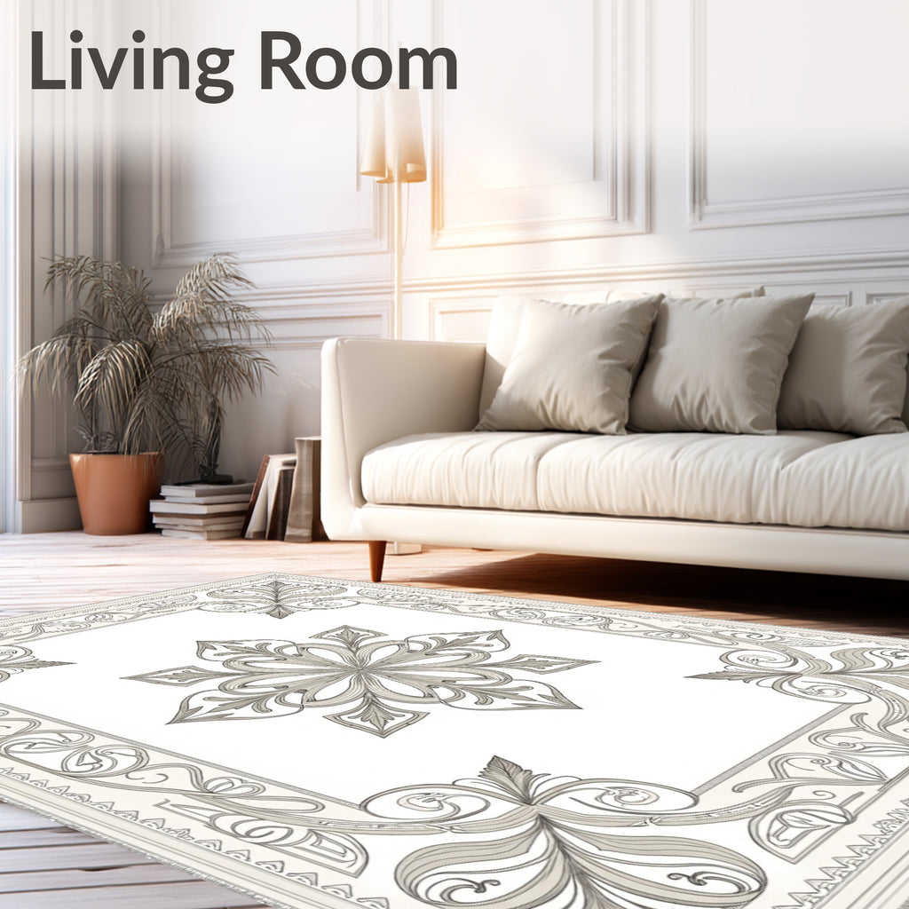 Intricate Floral Ivory Scroll Border Rug