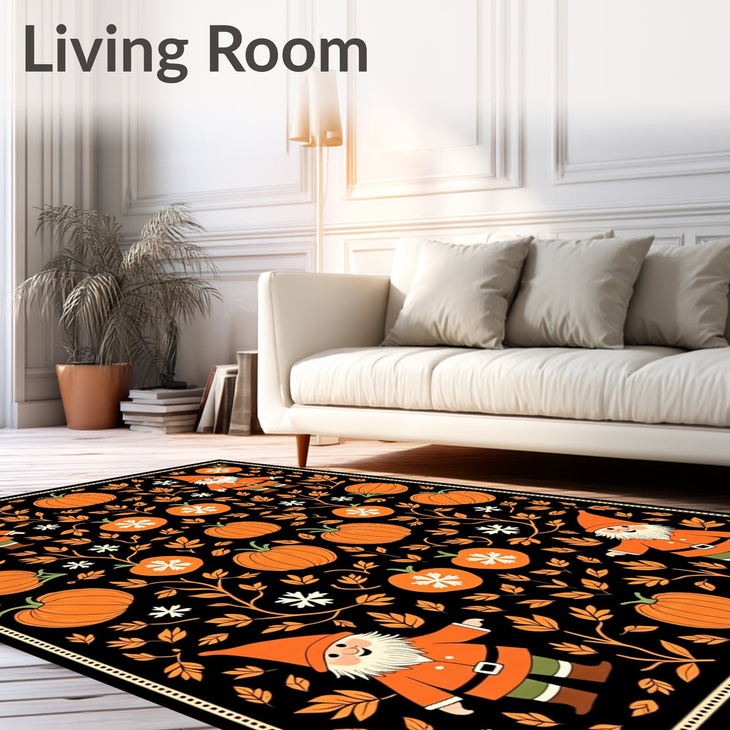 Whimsical Gnome Pumpkin Floral Black Rug