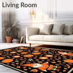Whimsical Gnome Pumpkin Floral Black Rug