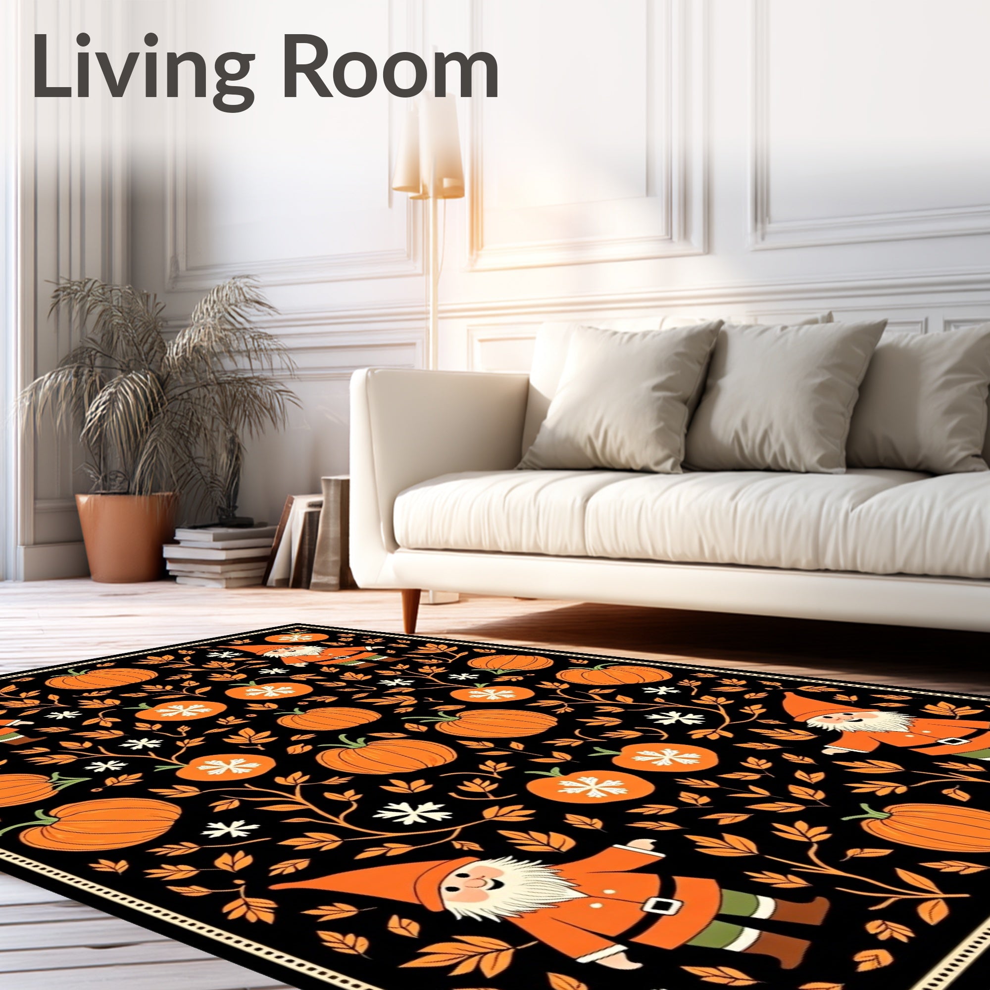 Whimsical Gnome Pumpkin Floral Black Rug