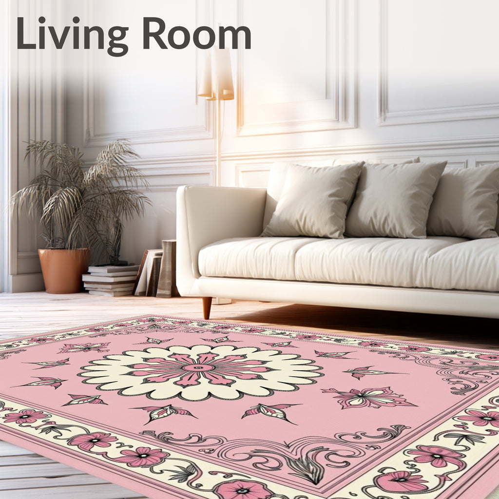 Rose Pink Floral Medallion Border Rug