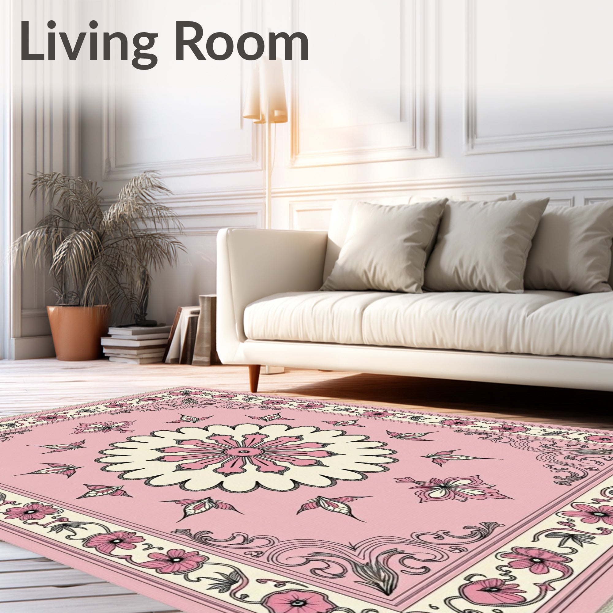 Rose Pink Floral Medallion Border Rug