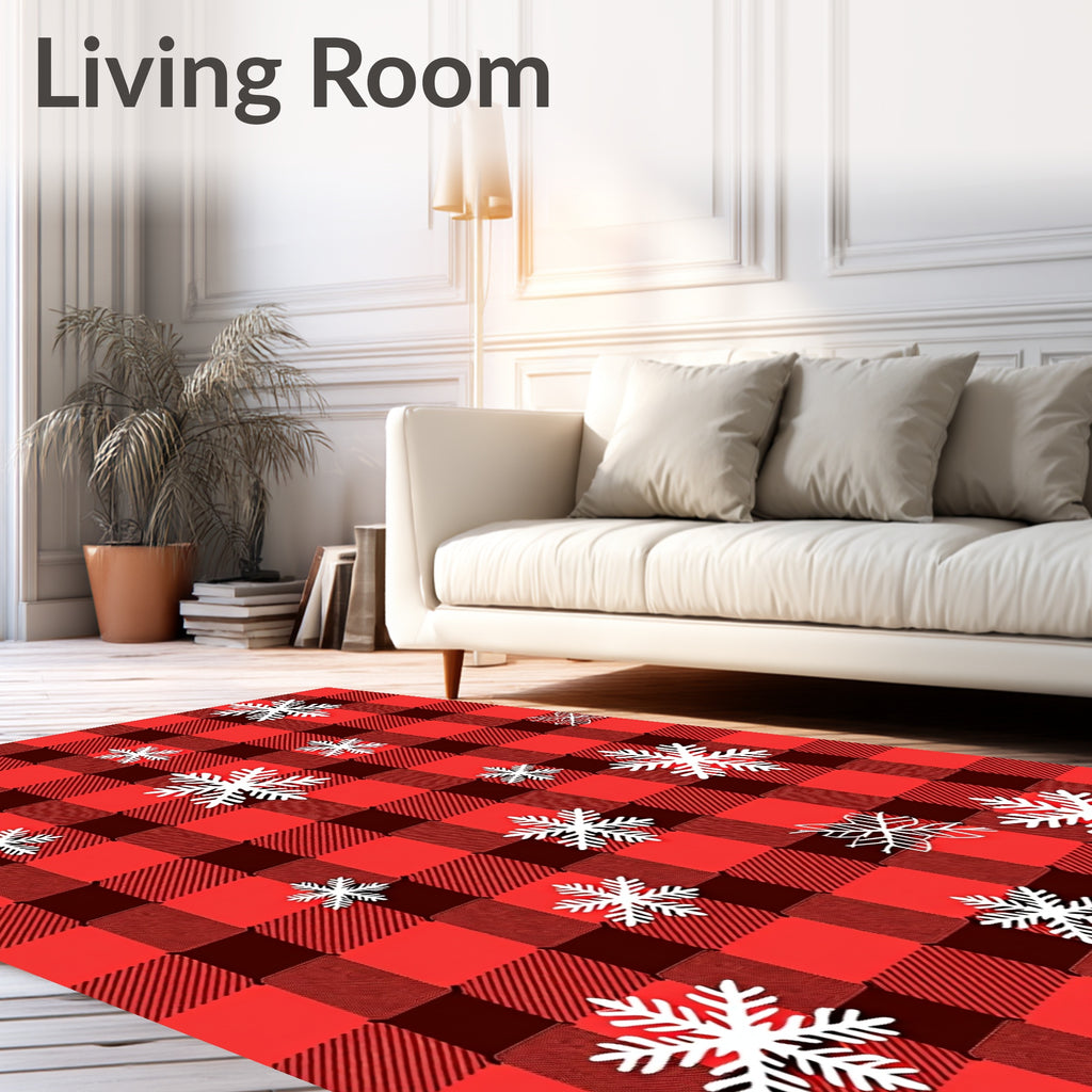 Crisp Crimson Gingham Snowflakes Rug