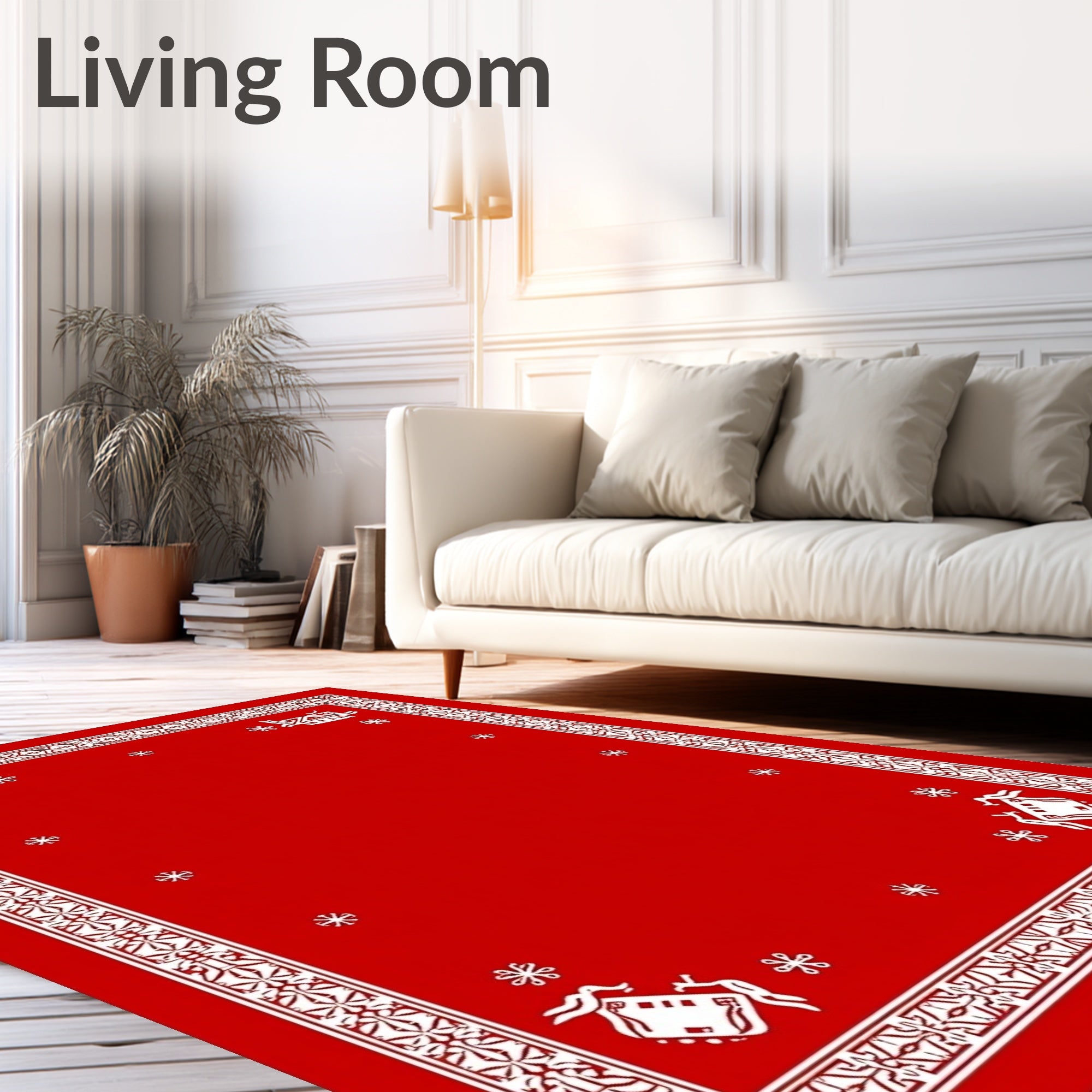 Bright Red Festive Village Snowflakes Rug