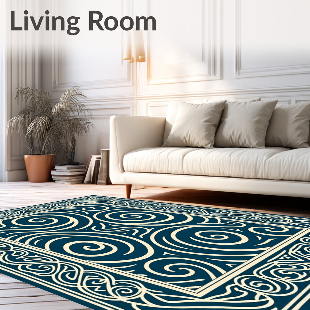 Cream Swirls Geometric Navy Framed Rug