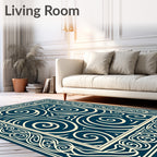 Cream Swirls Geometric Navy Framed Rug