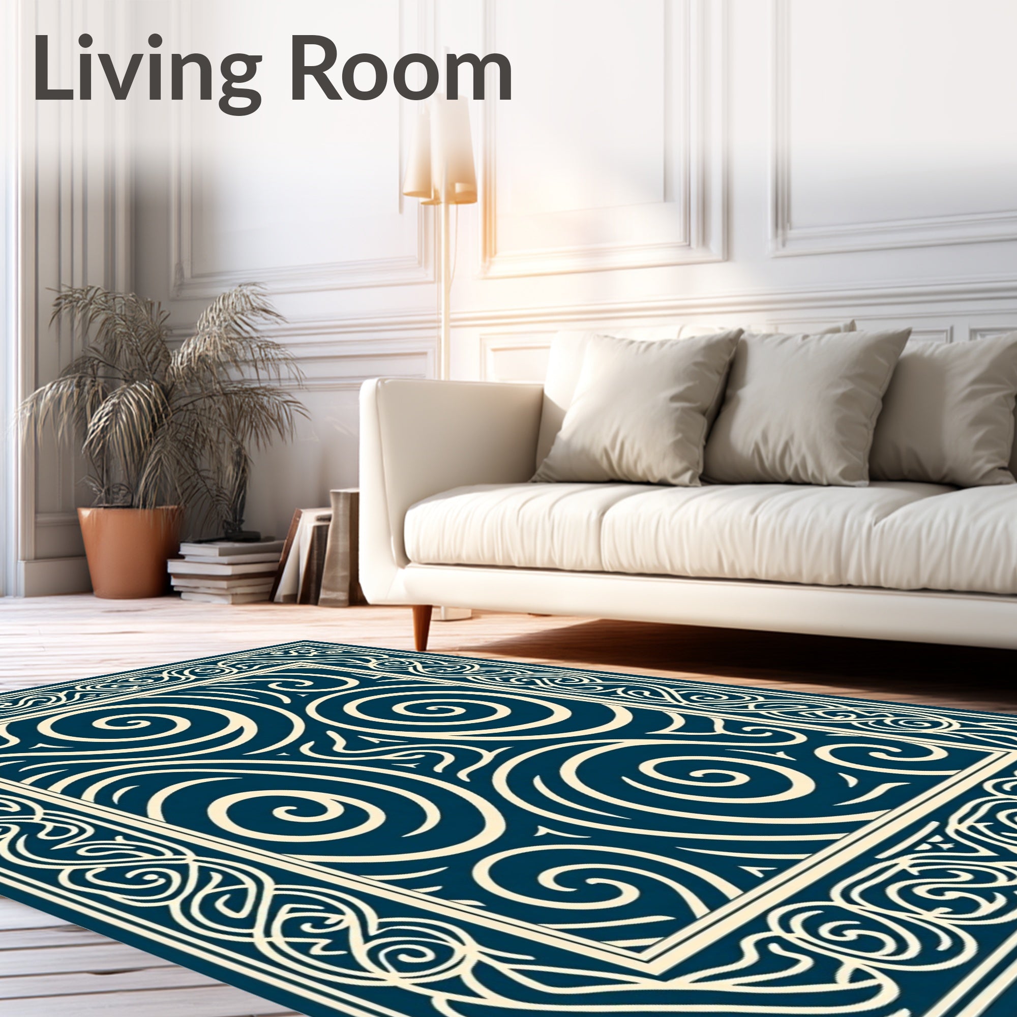 Cream Swirls Geometric Navy Framed Rug
