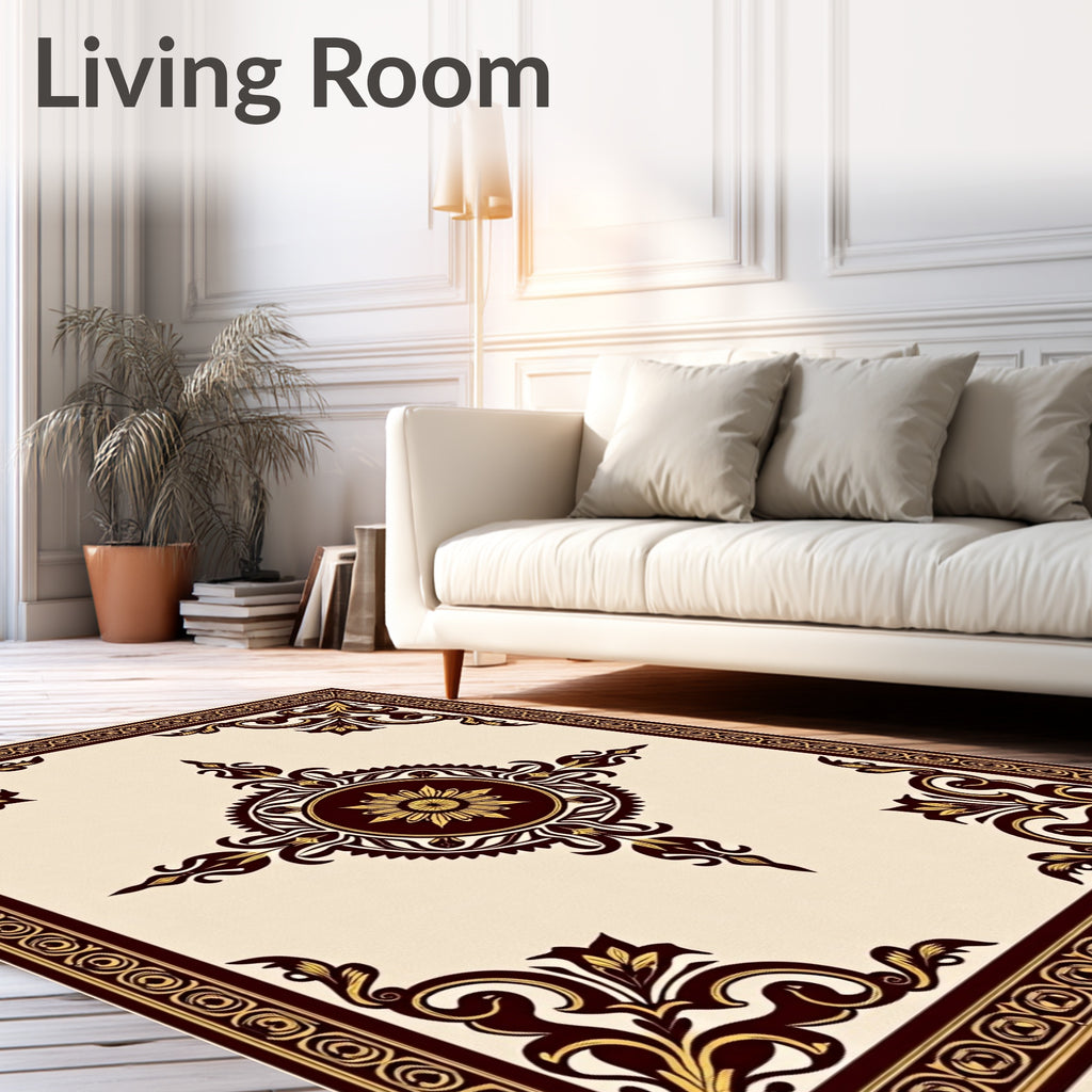 Ornate Burgundy and Gold Medallion Rug