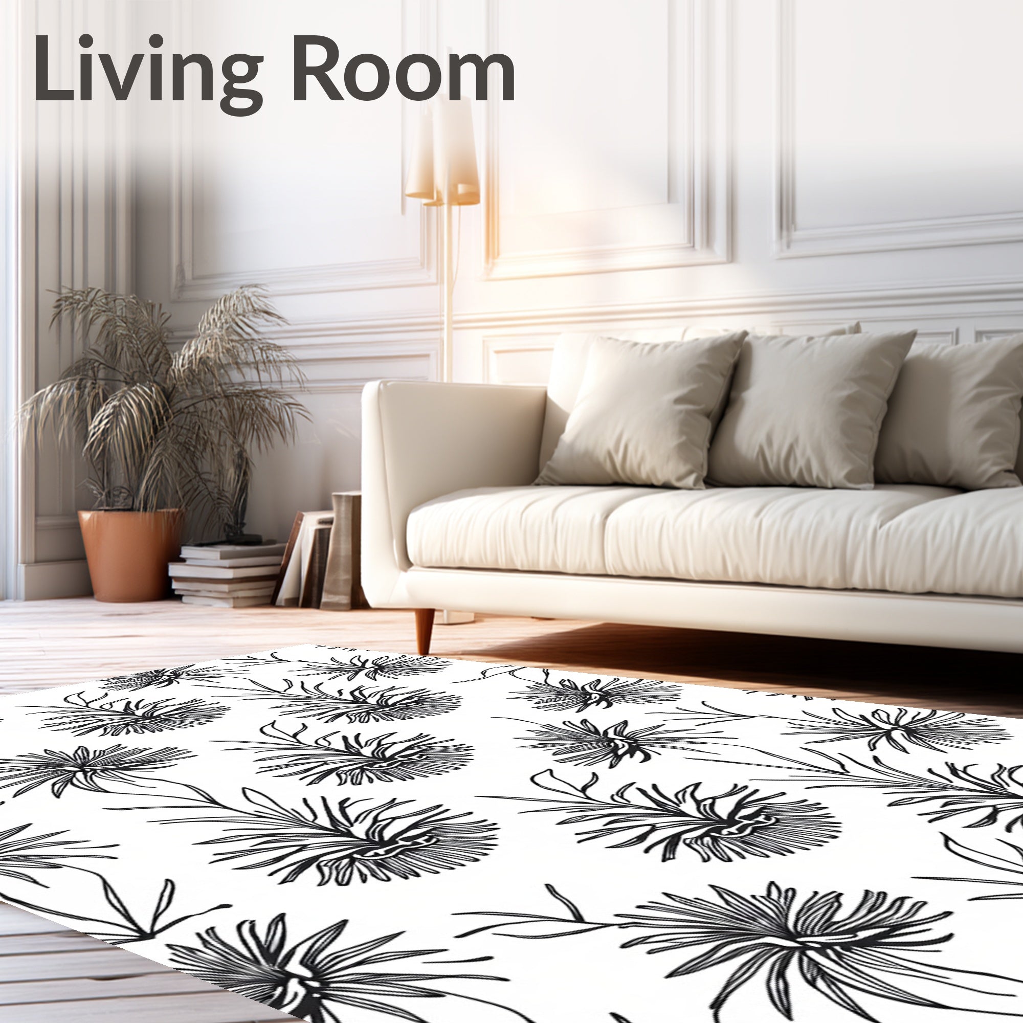 Black White Botanical Floral Outline Rug
