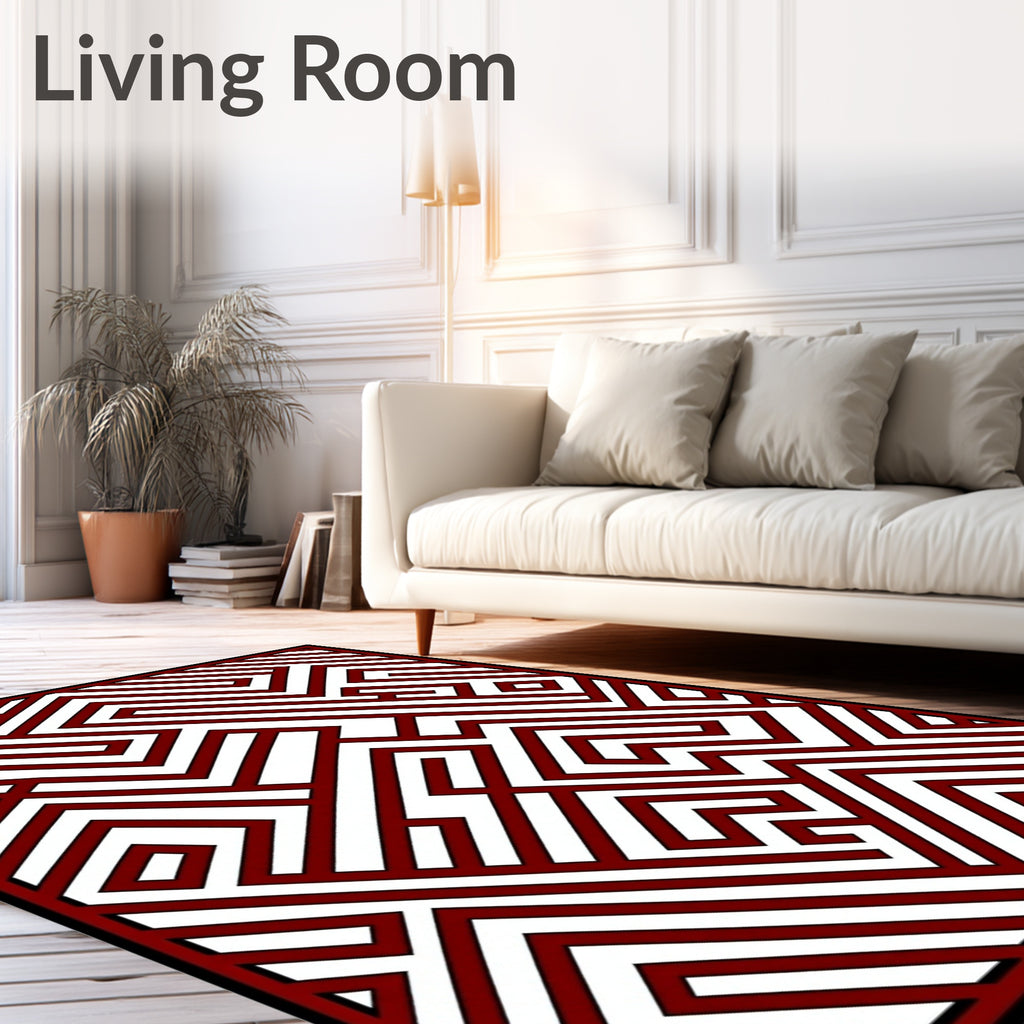 Deep Crimson Abstract Maze Rug