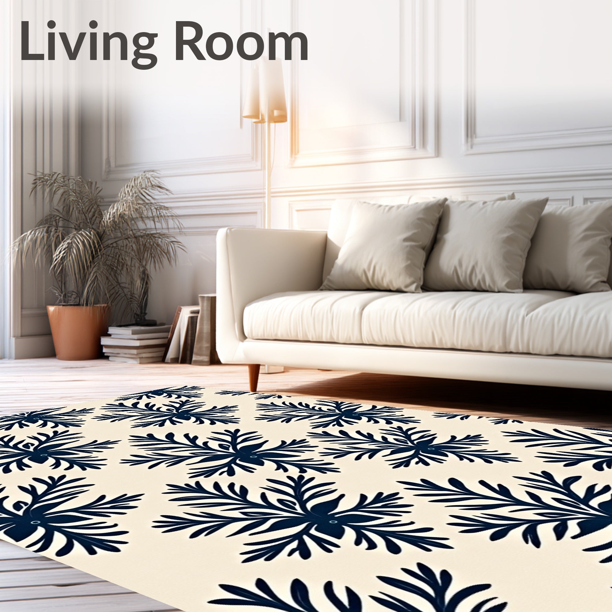 Navy Blue Fern Medallion Background Rug