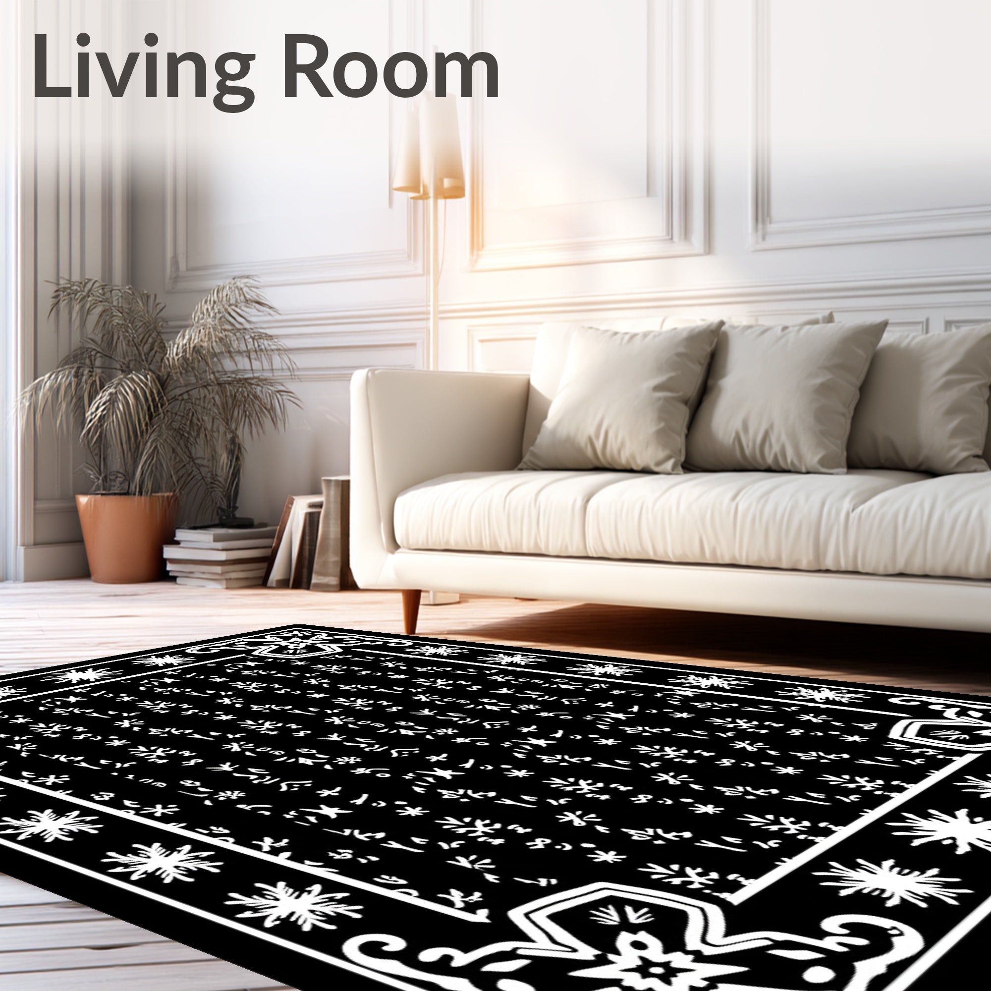 Black White Floral Starburst Border Rug