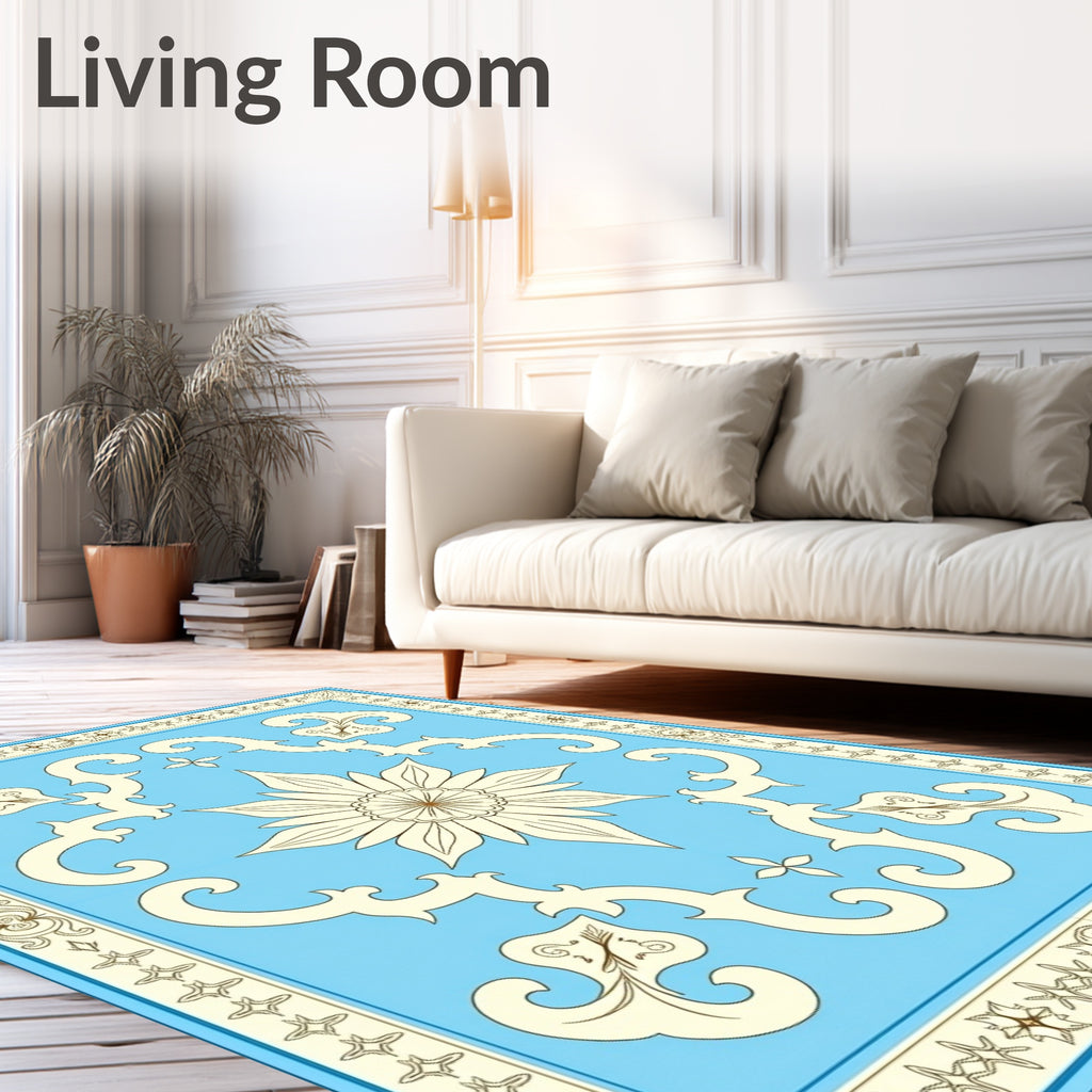 Pale Blue Floral Scroll Medallion Rug