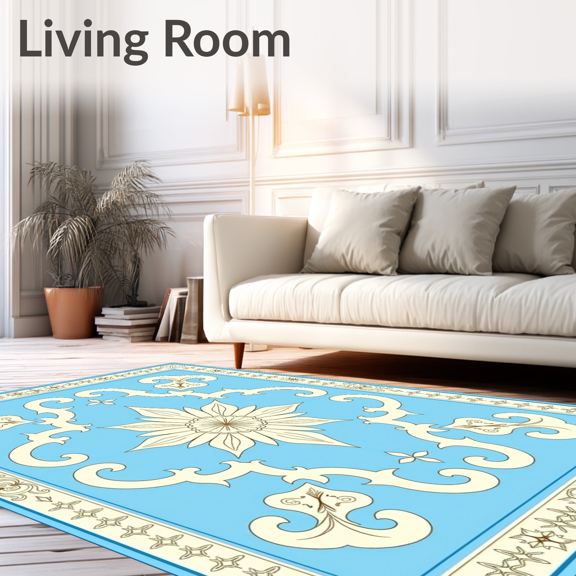 Pale Blue Floral Scroll Medallion Rug