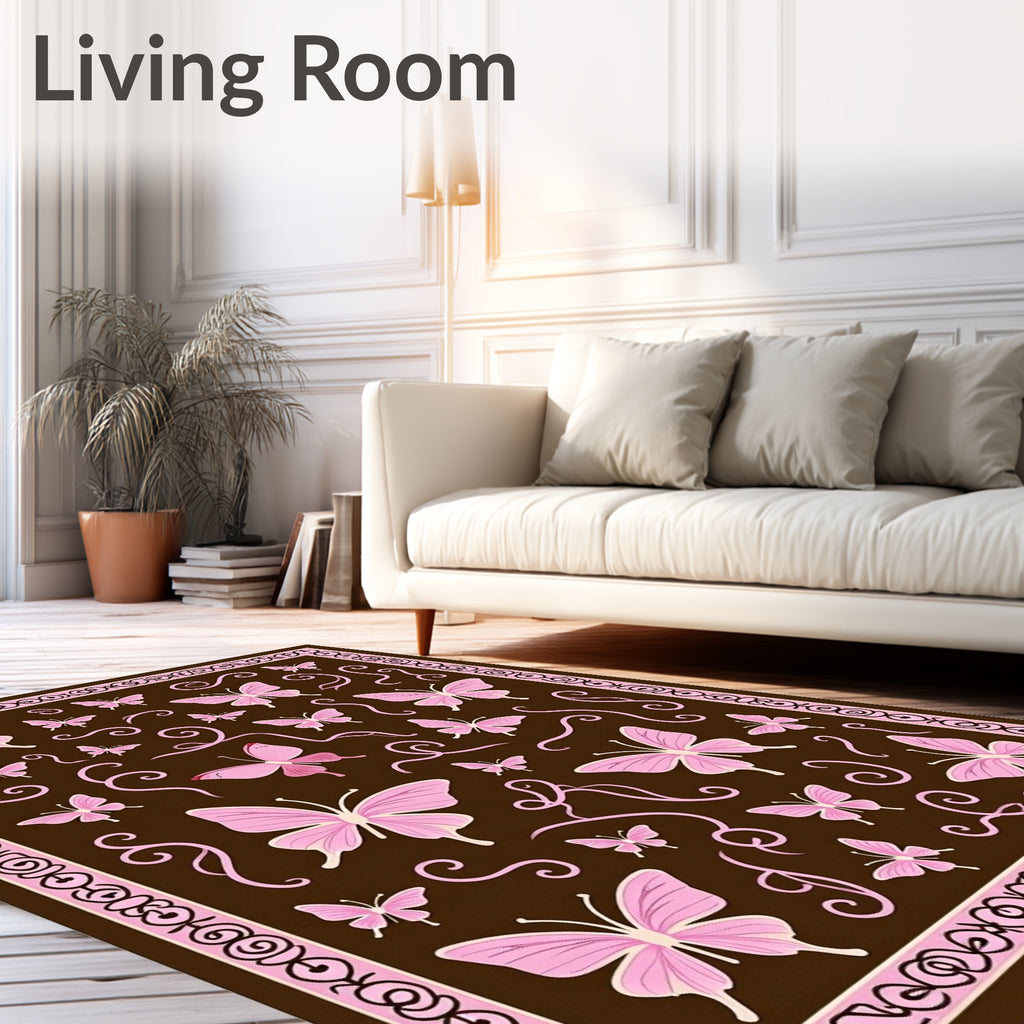 Pink Butterflies Swirls Brown Field Rug