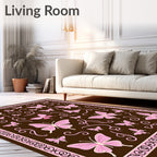 Pink Butterflies Swirls Brown Field Rug