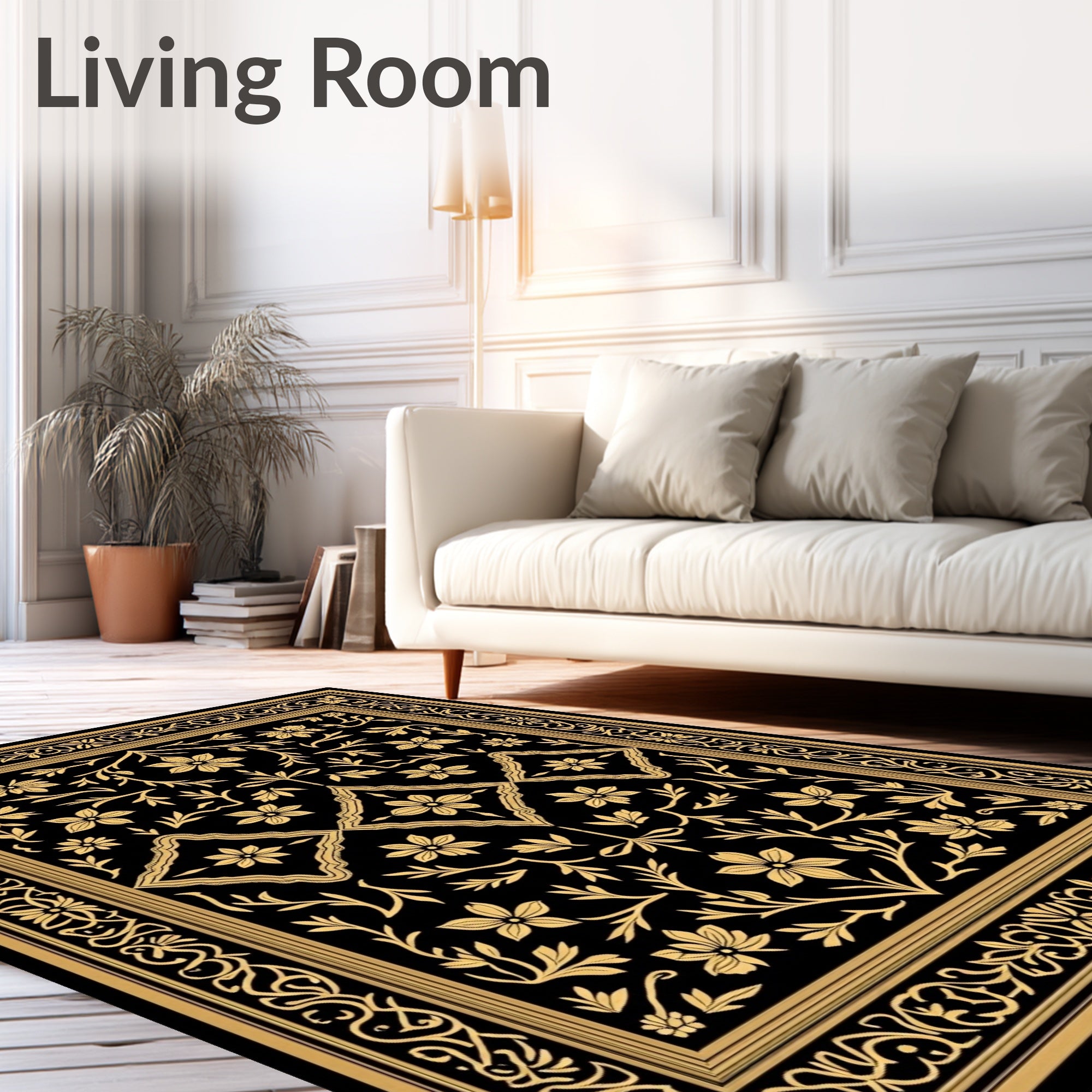 Black Golden Vine Floral Accent Rug