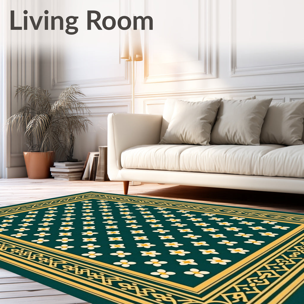 Emerald Green Floral Bordered Rug