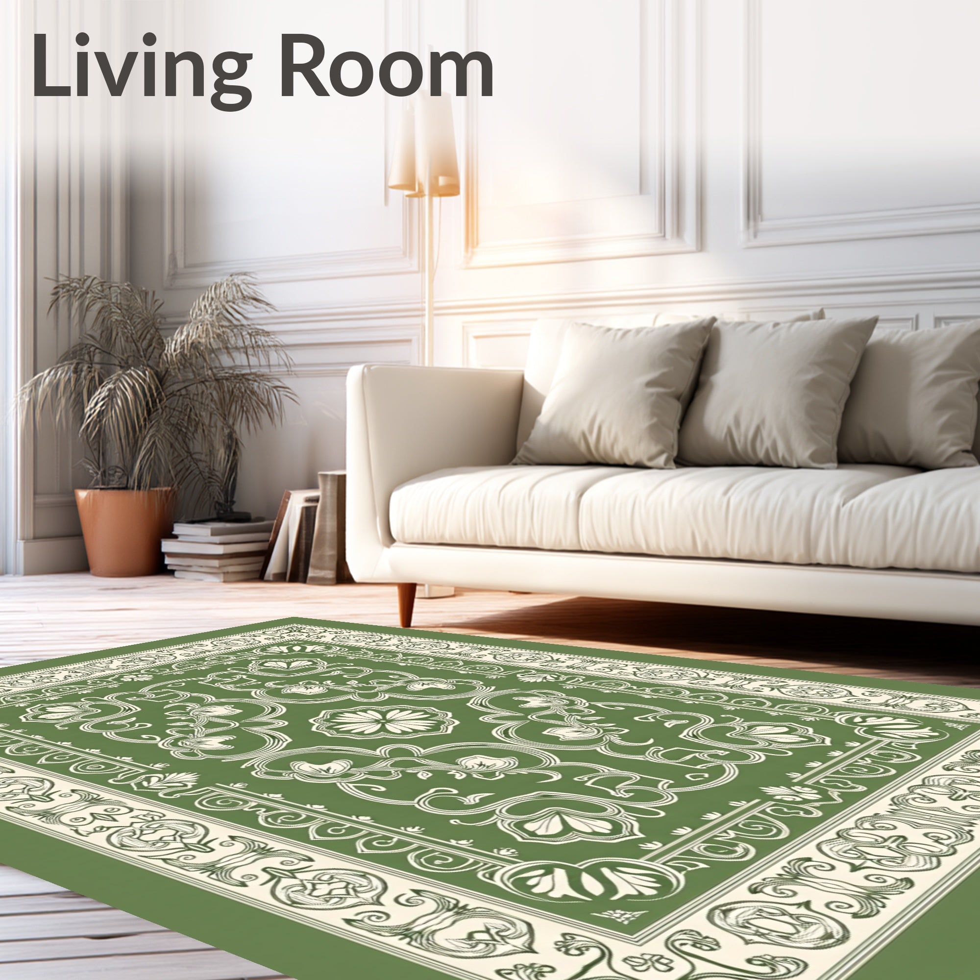 Sage Green Floral Scroll Border Rug
