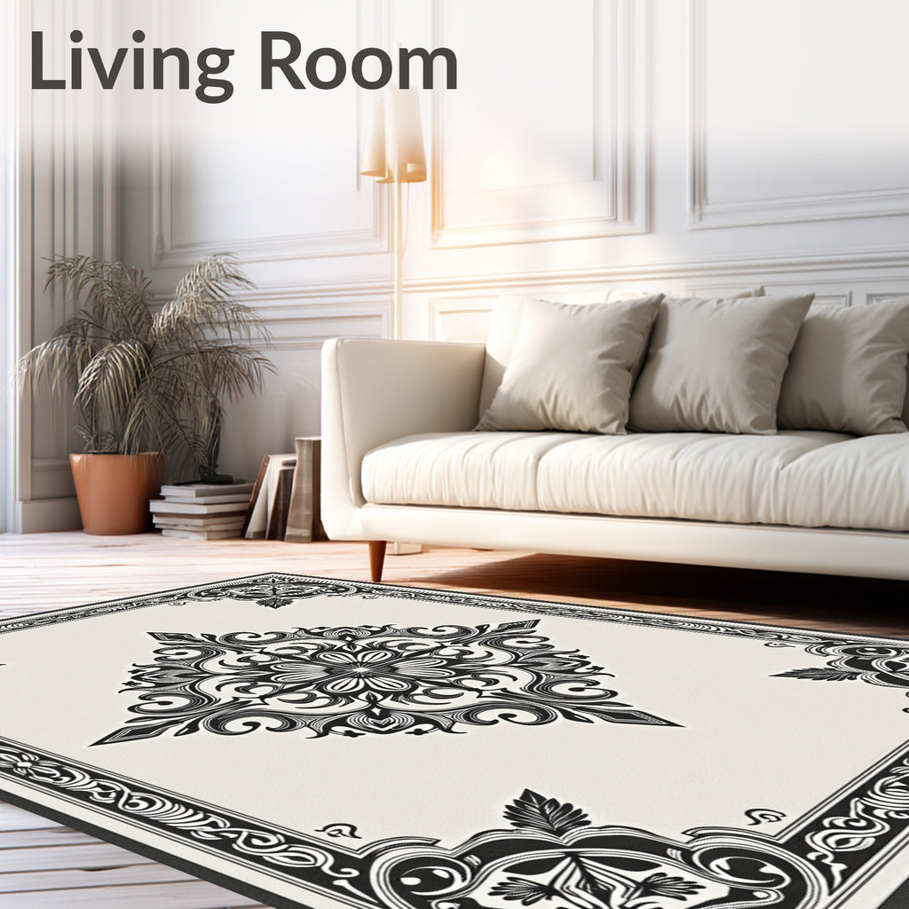 Ornate Ivory and Black Floral Medallion Rug