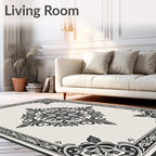 Ornate Ivory and Black Floral Medallion Rug