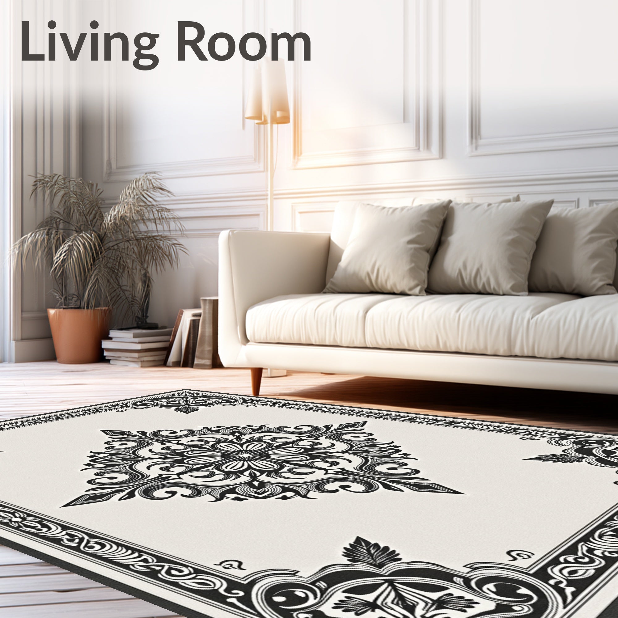 Ornate Ivory and Black Floral Medallion Rug