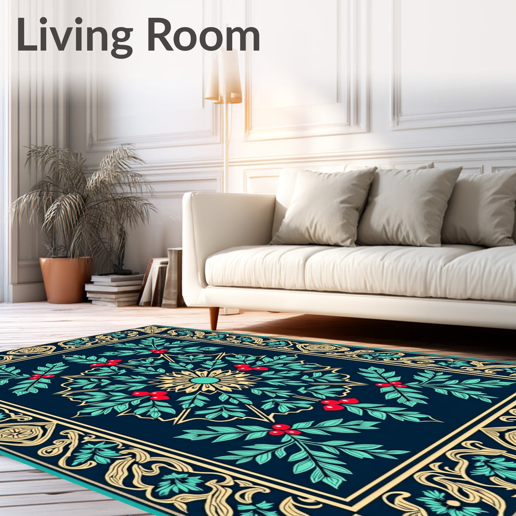 Deep Blue Leafy Floral Medallion Rug