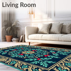 Deep Blue Leafy Floral Medallion Rug