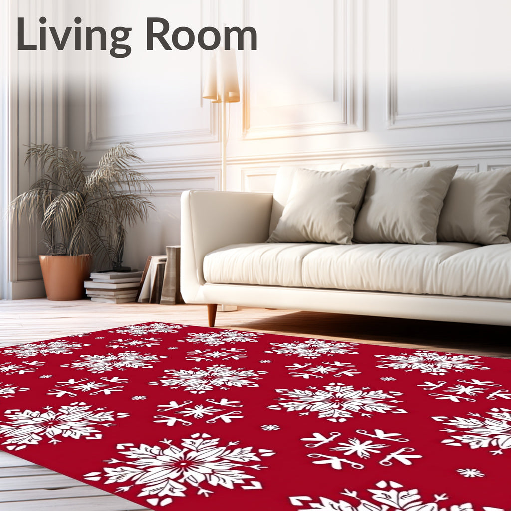 Red White Snowflake Imprint Rug
