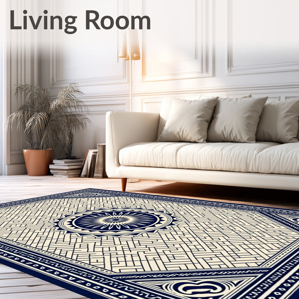 Navy Cream Geometric Maze Medallion Rug