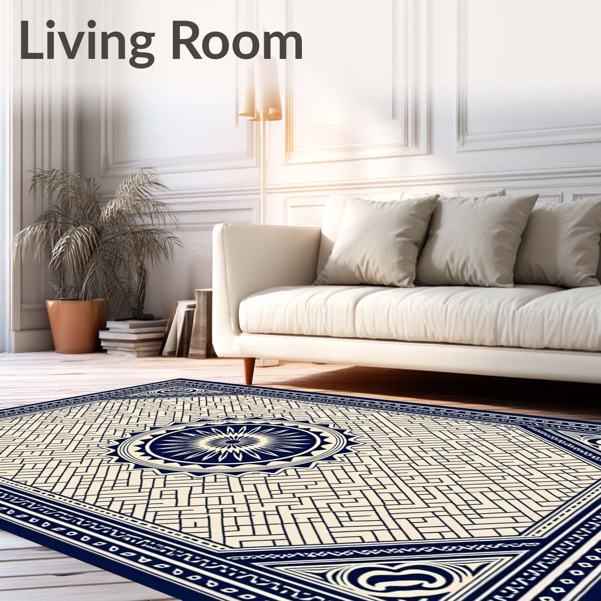 Navy Cream Geometric Maze Medallion Rug