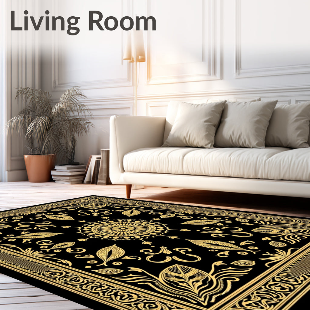 Ornate Black Gold Medallion Border Rug