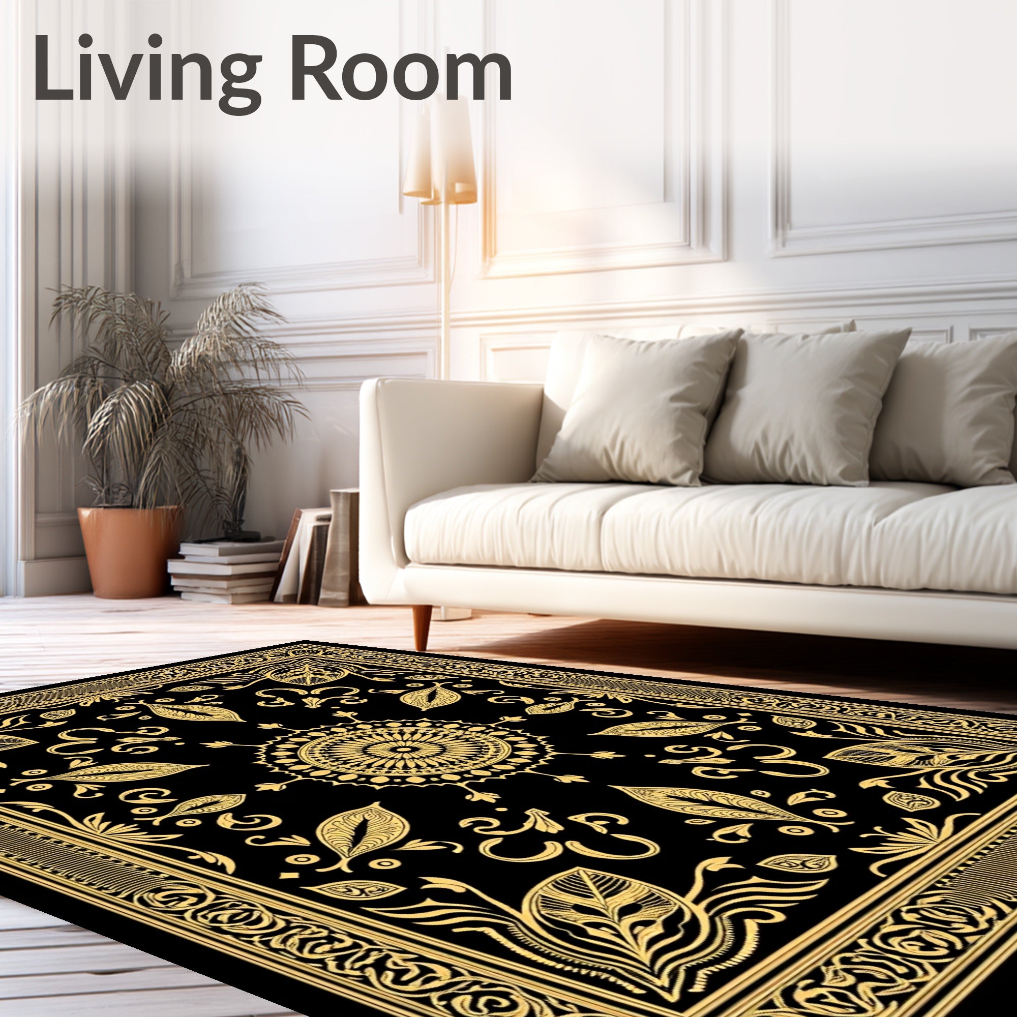 Ornate Black Gold Medallion Border Rug