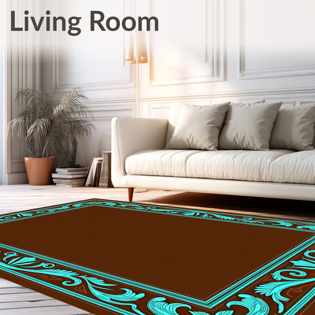 Brown and Teal Scrollwork Border Rug