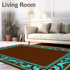 Brown and Teal Scrollwork Border Rug