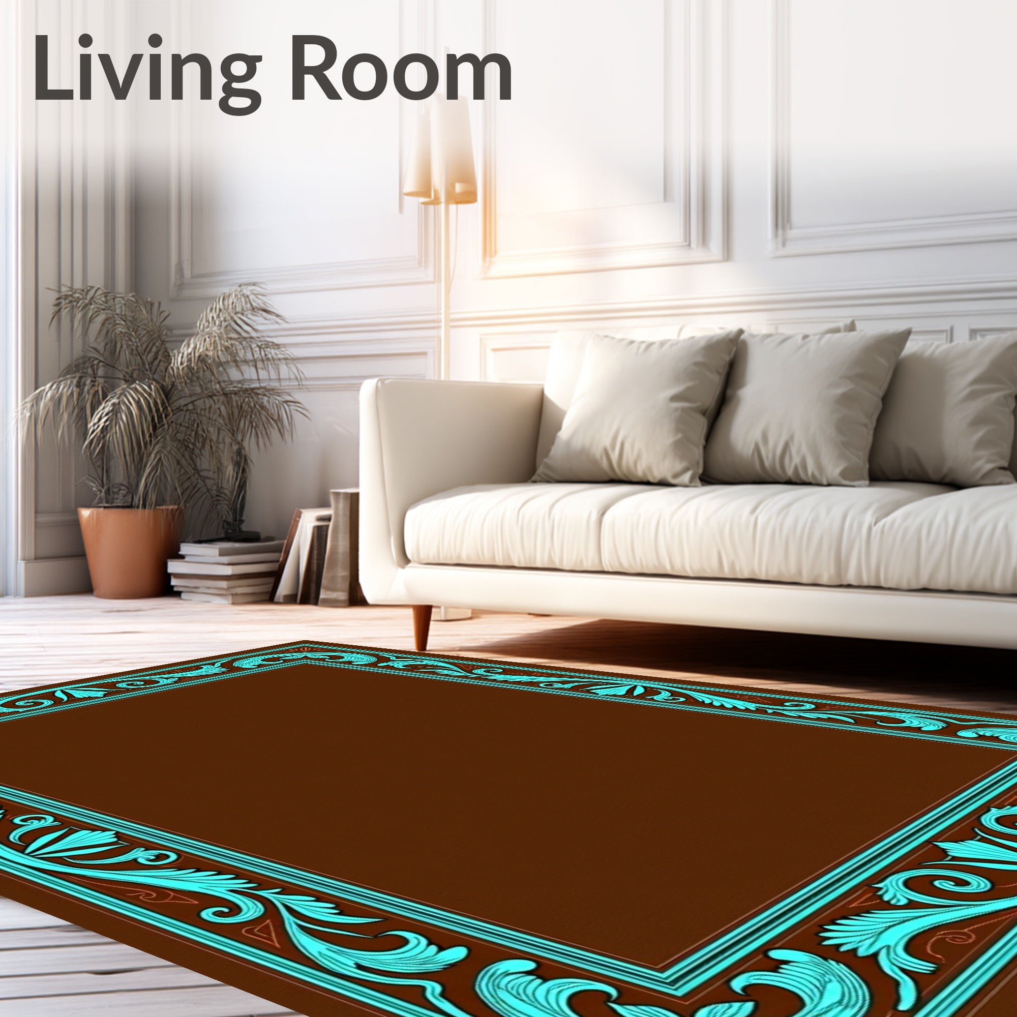 Brown and Teal Scrollwork Border Rug