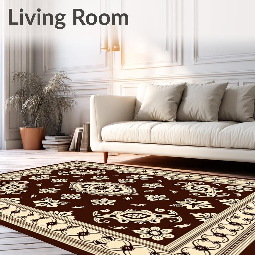 Deep Brown Floral Medallion Border Rug