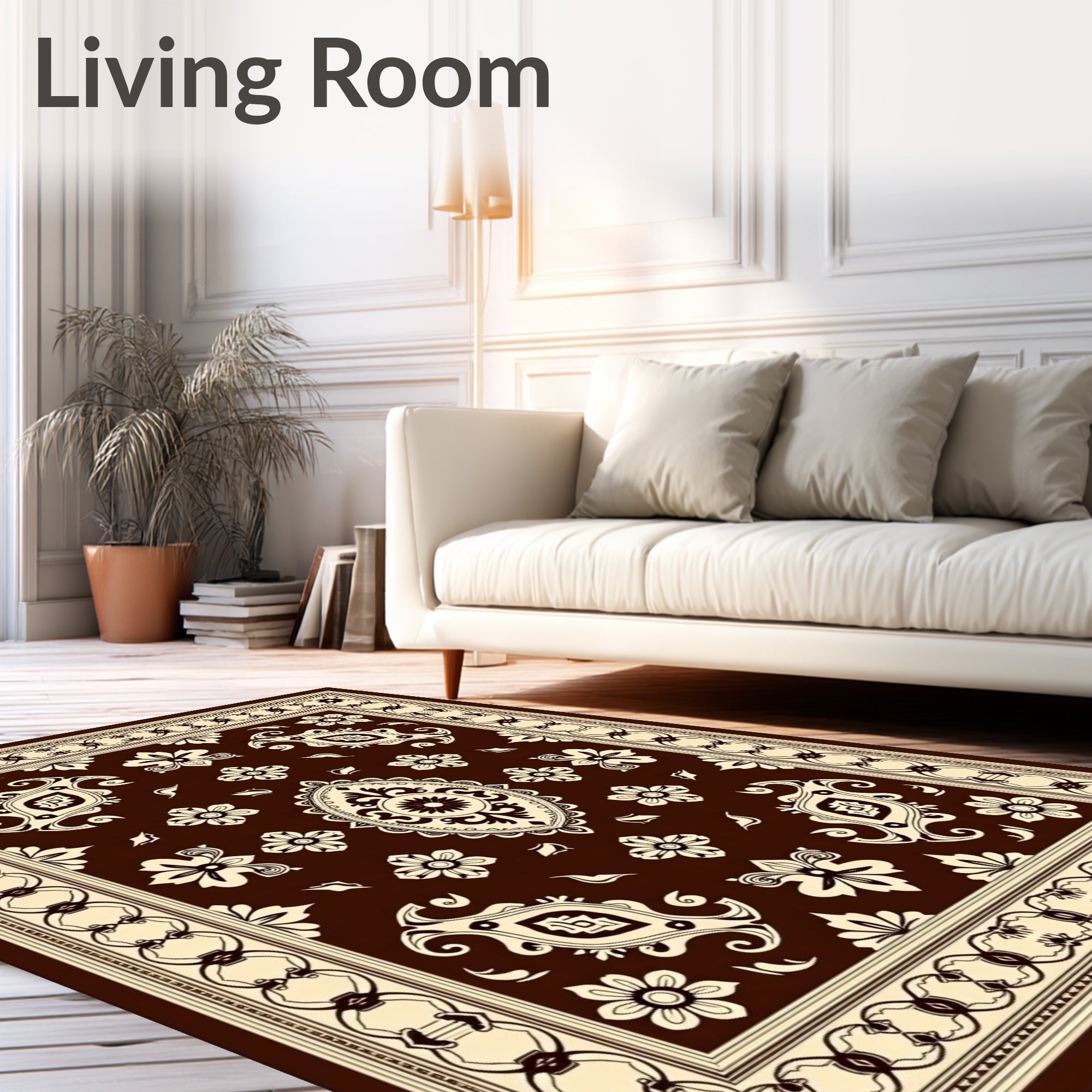 Deep Brown Floral Medallion Border Rug