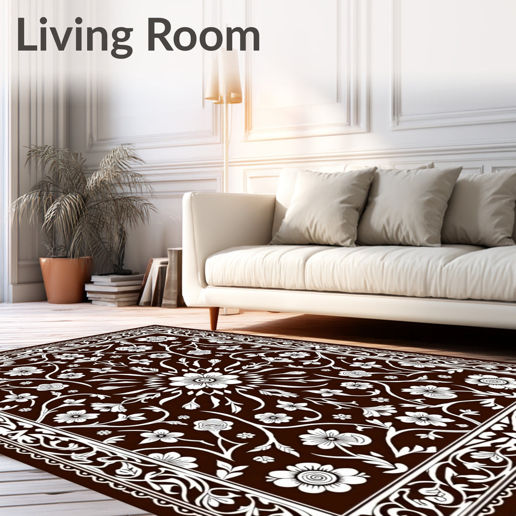 Dark Brown White Floral Medallion Scroll Rug